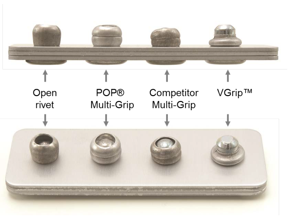 POP® VGrip™ Closing head design in comparison to conventional multi-range blind rivets